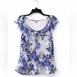 Roz & Ali Sheer Floral Butterfly Ruffle Top – Women’s XL Excellent Condition